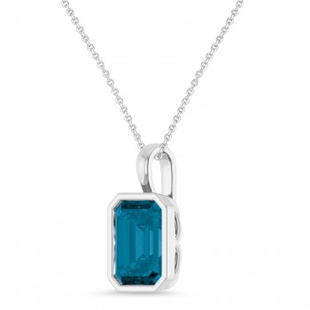 Emerald Cut London Blue Topaz Bezel Set Pendant Necklace 14K White Gold (4.03ct)
