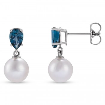 Natural London Blue Topaz & White Akoya Pearl Drop Earrings 14K White Gold (0.48ct)