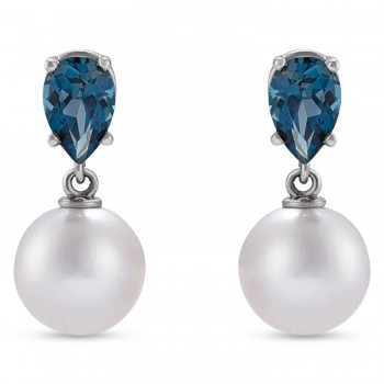 Natural London Blue Topaz & White Akoya Pearl Drop Earrings 14K White Gold (0.48ct)