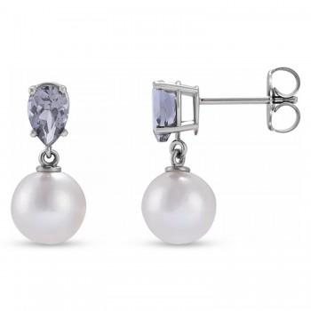 Natural Tanzanite & White Akoya Pearl Drop Earrings 14K White Gold (0.41ct)