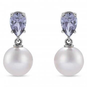 Natural Tanzanite & White Akoya Pearl Drop Earrings 14K White Gold (0.41ct)