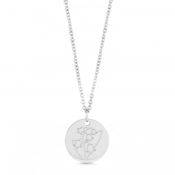 May Birth Flower Lily of the Valley Disc Pendant Necklace 14K White Gold