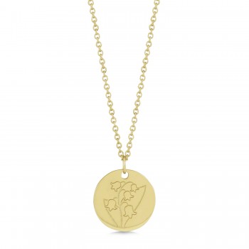 May Birth Flower Lily of the Valley Disc Pendant Necklace 14K Yellow Gold