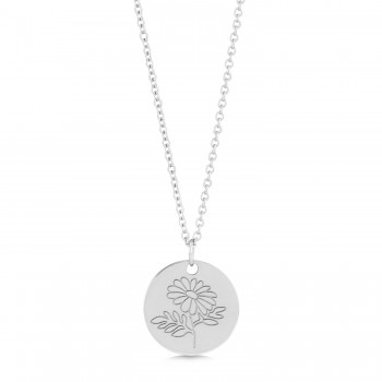 April Birth Flower Daisy Disc Pendant Necklace 14K White Gold