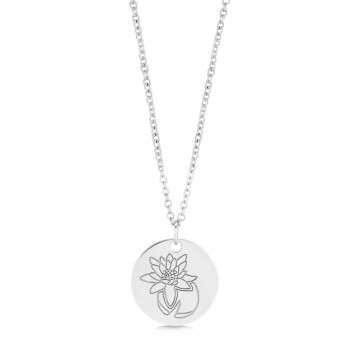 July Birth Flower Waterlily Disc Pendant Necklace 14K White Gold