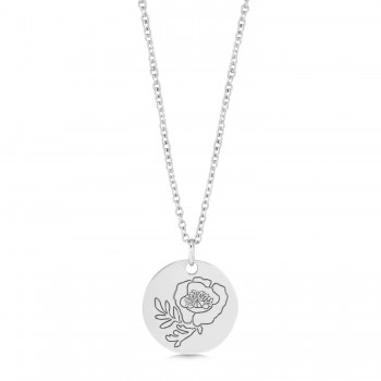 August Birth Flower Poppy Disc Pendant Necklace Sterling Silver