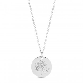 November Birth Flower Chrysanthemum Disc Pendant Necklace 14K White Gold