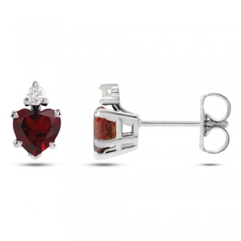 Heart Natural Mozambique Garnet & Natural Diamond Stud Earrings 14K White Gold (0.66ct)
