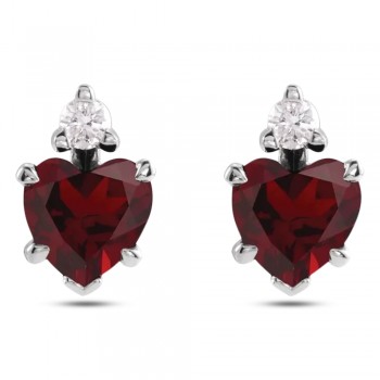 Heart Natural Mozambique Garnet & Natural Diamond Stud Earrings 14K White Gold (0.66ct)