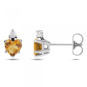 Heart Natural Citrine & Natural Diamond Stud Earrings 14K White Gold (0.48ct)