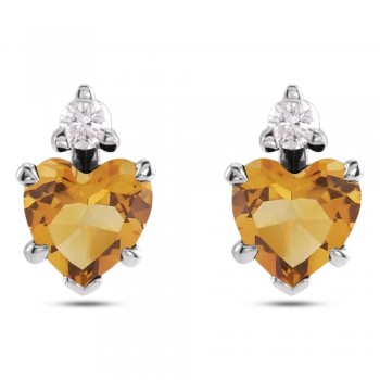 Heart Natural Citrine & Natural Diamond Stud Earrings 14K White Gold (0.48ct)
