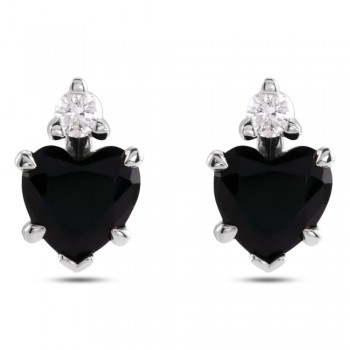 Heart Natural Black Onyx & Natural Diamond Stud Earrings 14K White Gold (0.41ct)