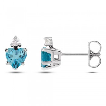 Heart Natural London Blue Topaz & Natural Diamond Stud Earrings 14K White Gold (0.63ct)