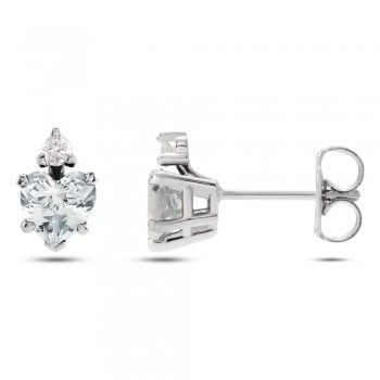 Heart Natural White Sapphire & Natural Diamond Stud Earrings 14K White Gold (0.61ct)