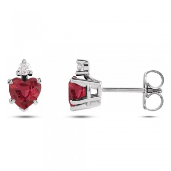 Heart Lab Grown Ruby & Natural Diamond Stud Earrings 14K White Gold (0.62ct)