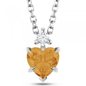 Heart Natural Citrine & Natural Diamond Pendant Necklace 14K White Gold (0.45ct)
