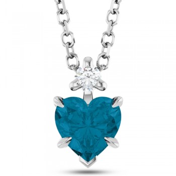 Heart Natural London Blue Topaz & Natural Diamond Pendant Necklace 14K White Gold (0.60ct)