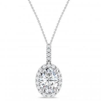 Oval Lab Grown Moissanite & Diamond Halo Pendant Necklace 14K White Gold (1.07ct)