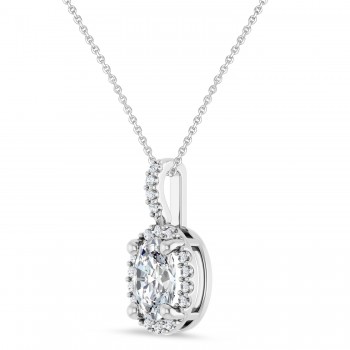 Oval Lab Grown Moissanite & Diamond Halo Pendant Necklace 14K White Gold (1.07ct)