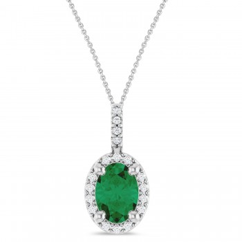 Oval Lab Grown Emerald & Diamond Halo Pendant Necklace 14K White Gold (0.76ct)