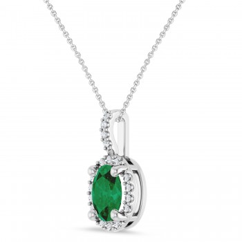 Oval Lab Grown Emerald & Diamond Halo Pendant Necklace 14K White Gold (0.76ct)