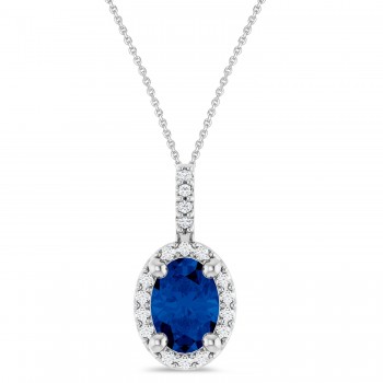 Oval Lab Grown Blue Sapphire & Diamond Halo Pendant Necklace 14K White Gold (1.13ct)