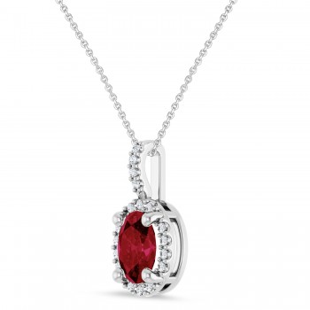 Oval Lab Grown Ruby & Diamond Halo Pendant Necklace 14K White Gold (1.08ct)