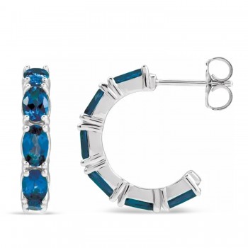 Oval Blue Sapphire Hoop Earrings 14K White Gold (4.28ct)