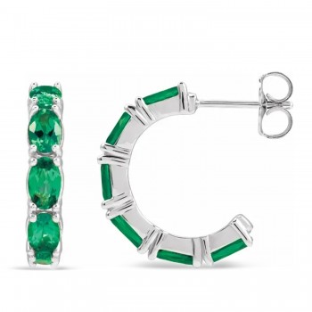 Oval Lab Grown Emerald Hoop Earrings 14K White Gold (2.15ct)