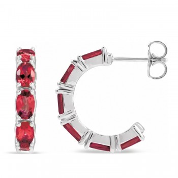 Oval Lab Grown Ruby Hoop Earrings 14K White Gold (3.30ct)