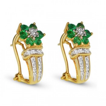 Diamond & Emerald French Clip Flower Earrings 14k Yellow Gold (0.35ct)