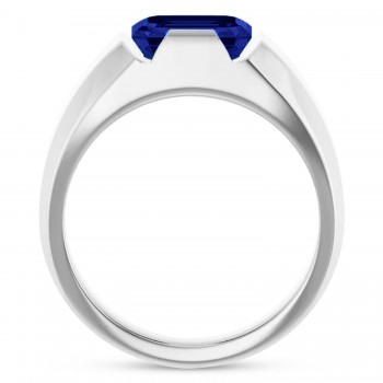Lab Grown Emerald Cut Solitaire Men's Blue Sapphire Ring 14K White Gold (4.48ct)