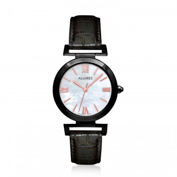 Allurez Womens Mother of Pearl Black Plated Stainless Steel Black Leather Strap Watch