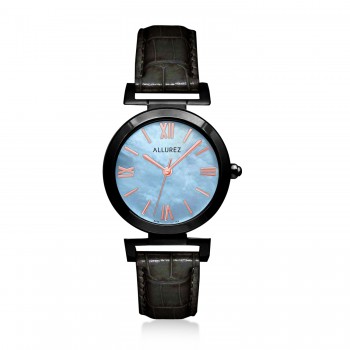 Allurez Womens Mother of Pearl Black Plated Stainless Steel Leather Strap Watch