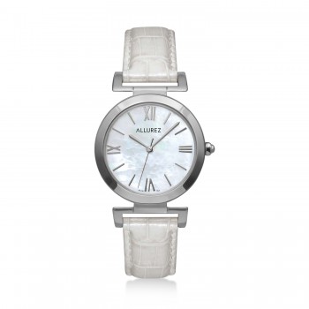 Allurez Womens Mother of Pearl Stainless Steel White Leather Strap Watch