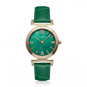 Allurez Womens Mother of Pearl Green Leather Strap Stainless Steel Watch