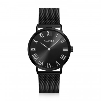 Allurez Mens Black Stainless Steel Mesh Bracelet Watch