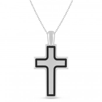 Black Frame Cross Charm Pendant Necklace Sterling Silver