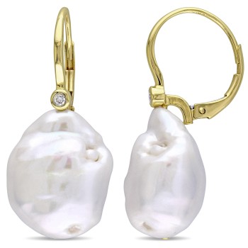 Baroque Pearl & Diamond Accent Earrings 14k Yellow Gold (0.06ct)