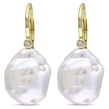 Baroque Pearl & Diamond Accent Earrings 14k Yellow Gold (0.06ct)