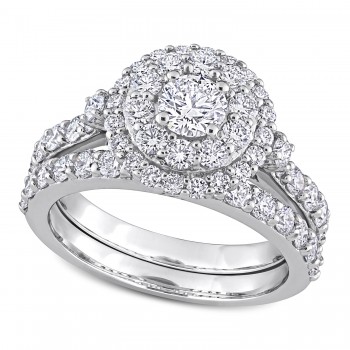 Round Cut Lab Grown Diamond Halo Bridal Set Ring 14K White Gold (1.74ct)