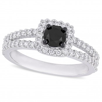 Round Cut Black and White Diamond Halo Ring 14k White Gold (0.98ct)