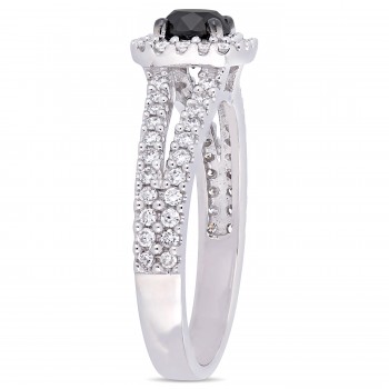 Round Cut Black and White Diamond Halo Ring 14k White Gold (0.98ct)