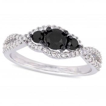 Round Black and White Diamond Three-Stone Ring 14k W. Gold (0.99ct)