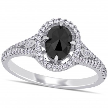 Oval Cut Black & Round White Diamond Halo Ring 14k White Gold (1.23ct)