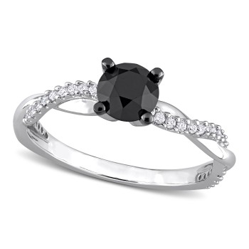 Round Black and White Diamond Solitaire Ring 14k White Gold (1.15ct)