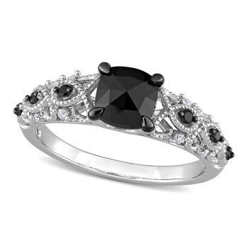 Cushion Black & Round White Diamond Fashion Ring 14k W. Gold (1.13ct)