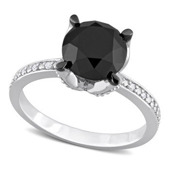 Round Cut Black and White Diamond Solitaire Ring 14k W. Gold (3.06ct)