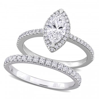 Marquise Cut Lab Grown Diamond Halo Bridal Set 14K White Gold (1.84ct)