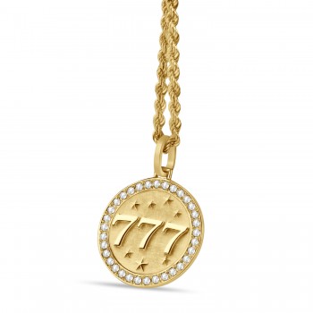 Diamond 777 Angel Number Disc Pendant Necklace 14K Yellow Gold (0.20ct)
